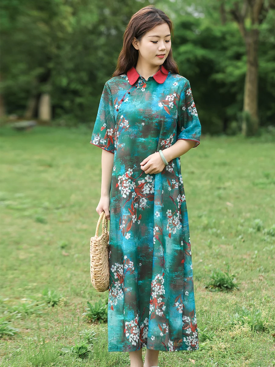 LZJN-Women's Printed Chinese Cheongsam Shirt Dress, Mid-length, Change Color, Summer