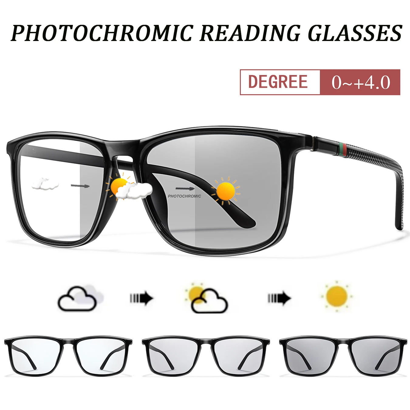 Photochrome Anti-Blaulicht-Lesebrille für Männer und Frauen. Lesebücher und Zeitschriften. Leichte rechteckige Brille