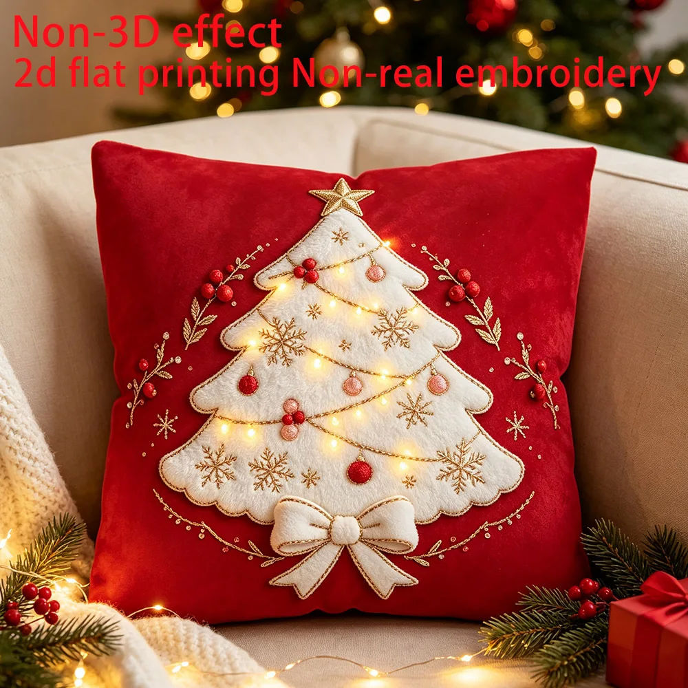 2/1 Piece Red Background Flat-Printed Faux Fur White Christmas Tree with Gold Stars, Bow, Snowflakes, Colorful Balls, and Berry Patterns, 2D Single-Sided Printed Christmas Pillow Cover, Home Decor, Machine Washable, Zipper Closure, No Pillow Insert, Suitable for Sofa, Bedroom, Home Space Decoration, Etc
