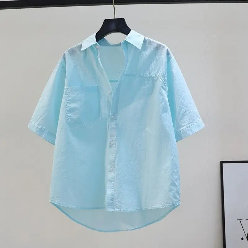 Light Blue Cotton Short Sleeved Commuting Shirt for Women\'s 2024 Summer Single Pocket Loose Casual Artistic Style Versatile Top