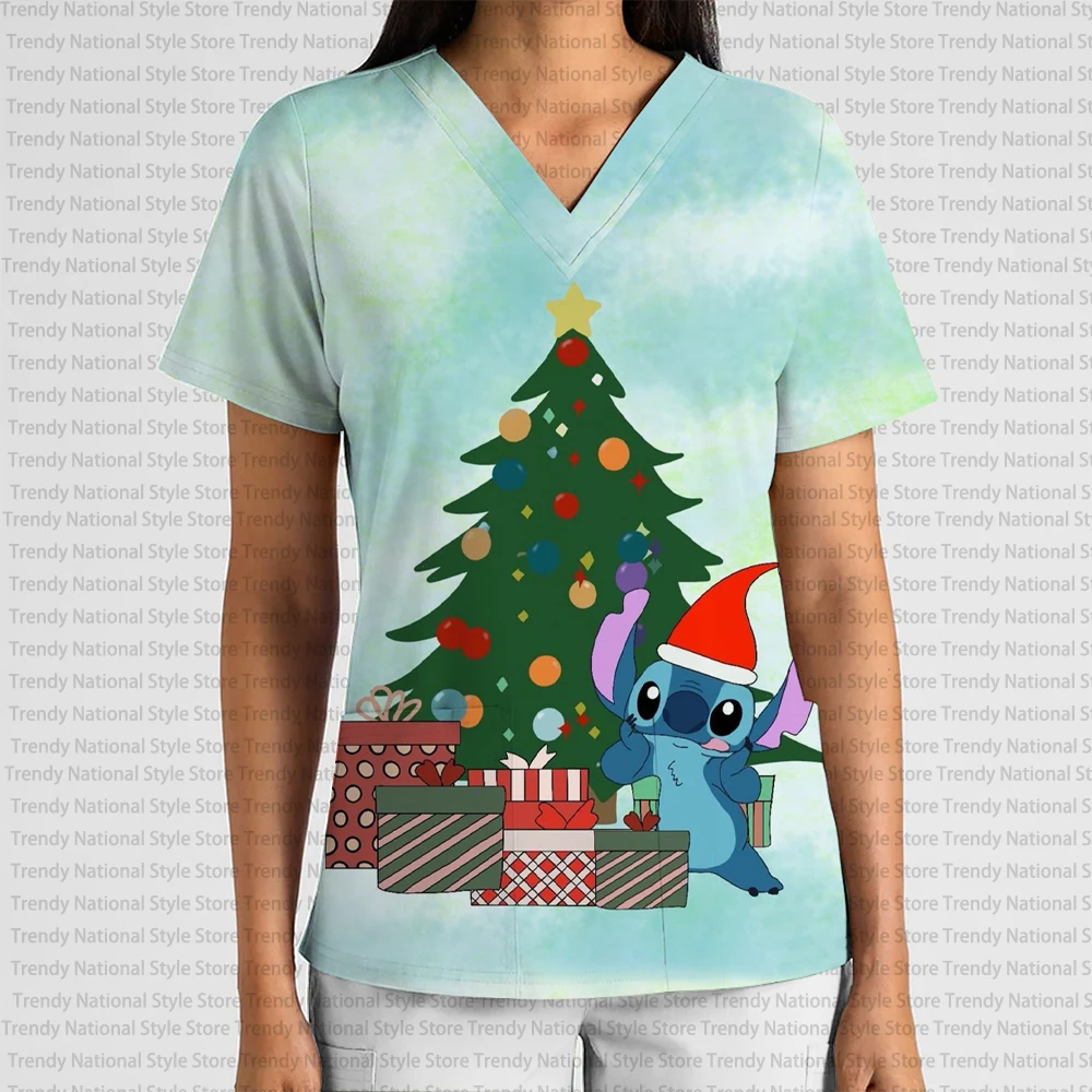 أزياء المرأة الأنيقة العمل موحدة متجمد الأعلى الخامس الرقبة جيب تي شيرت رائعة ديزني عيد الميلاد غرزة تي شيرت مطبوع