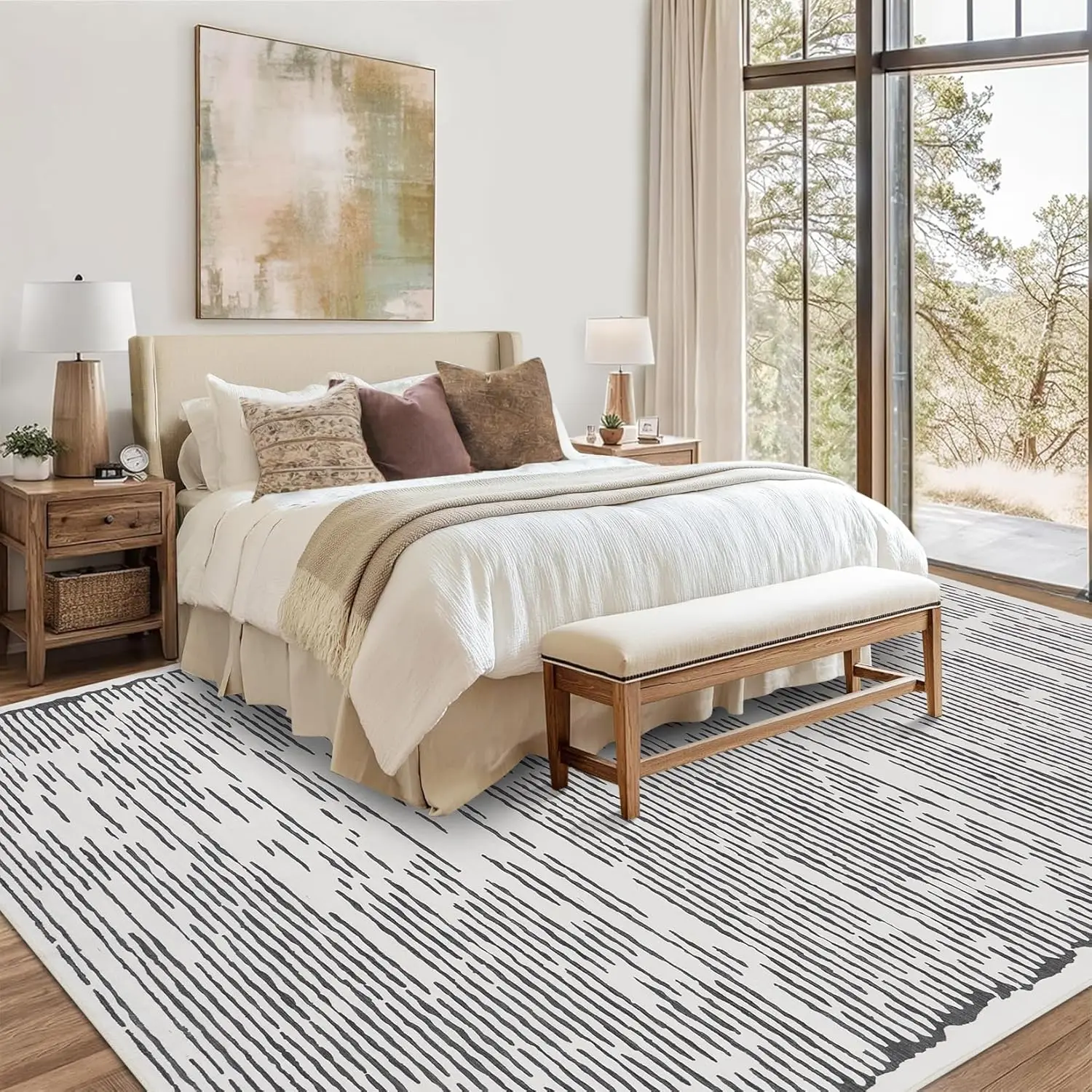 リビングルーム用エリアラグ、洗えるモダンな室内ストライプラグ、寝室、オフィス、ダイニングルーム、キッチン用のローパイル室内フロアカーペット