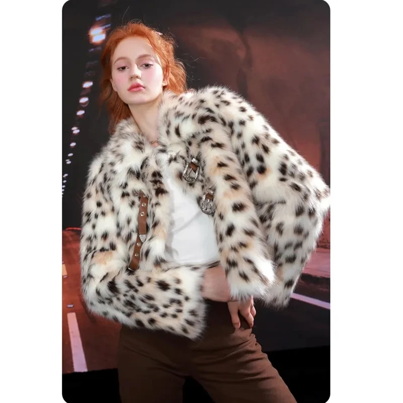 Women\'s Fur Imitation Fox Fur Coat Lapel Warm Fur Coat European And American Leisure Leopard Print Short Motorcycle Clothing Tid