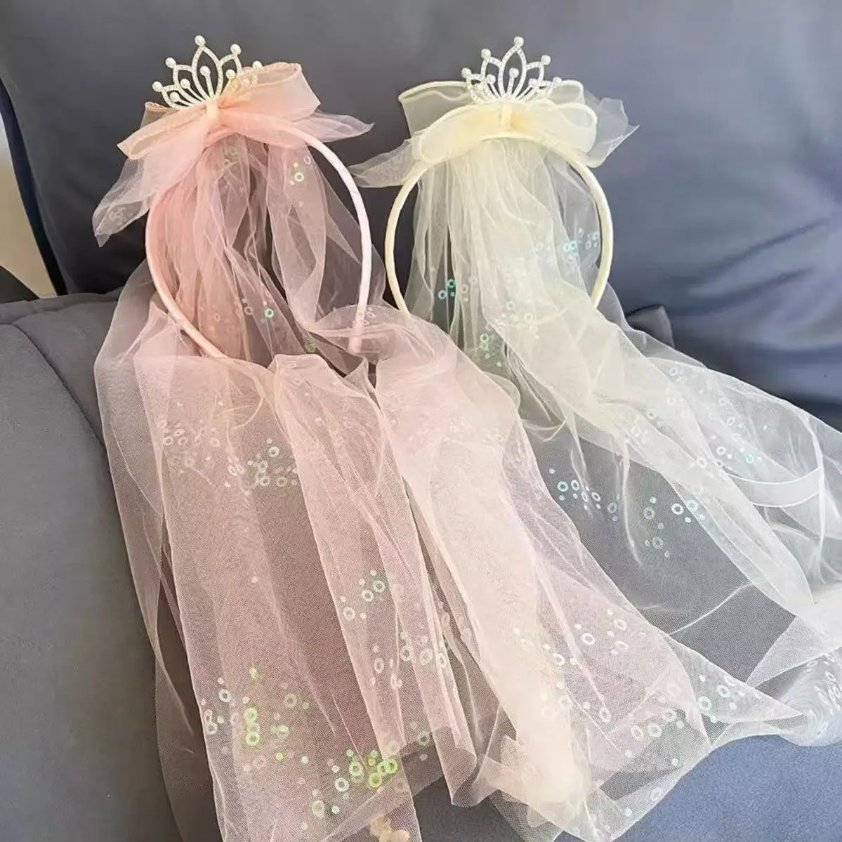Princess Girl Hair Hoop Sweet Crown Squein with Mesh Hairs B