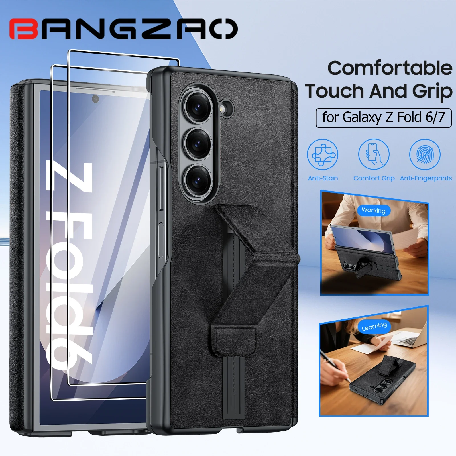 With[2 Pack Screen Protector][Hold Strap][Hinge Cover]Shockproof Leather Protective Phone Case for Galaxy Z Fold 6/7-Retro Black