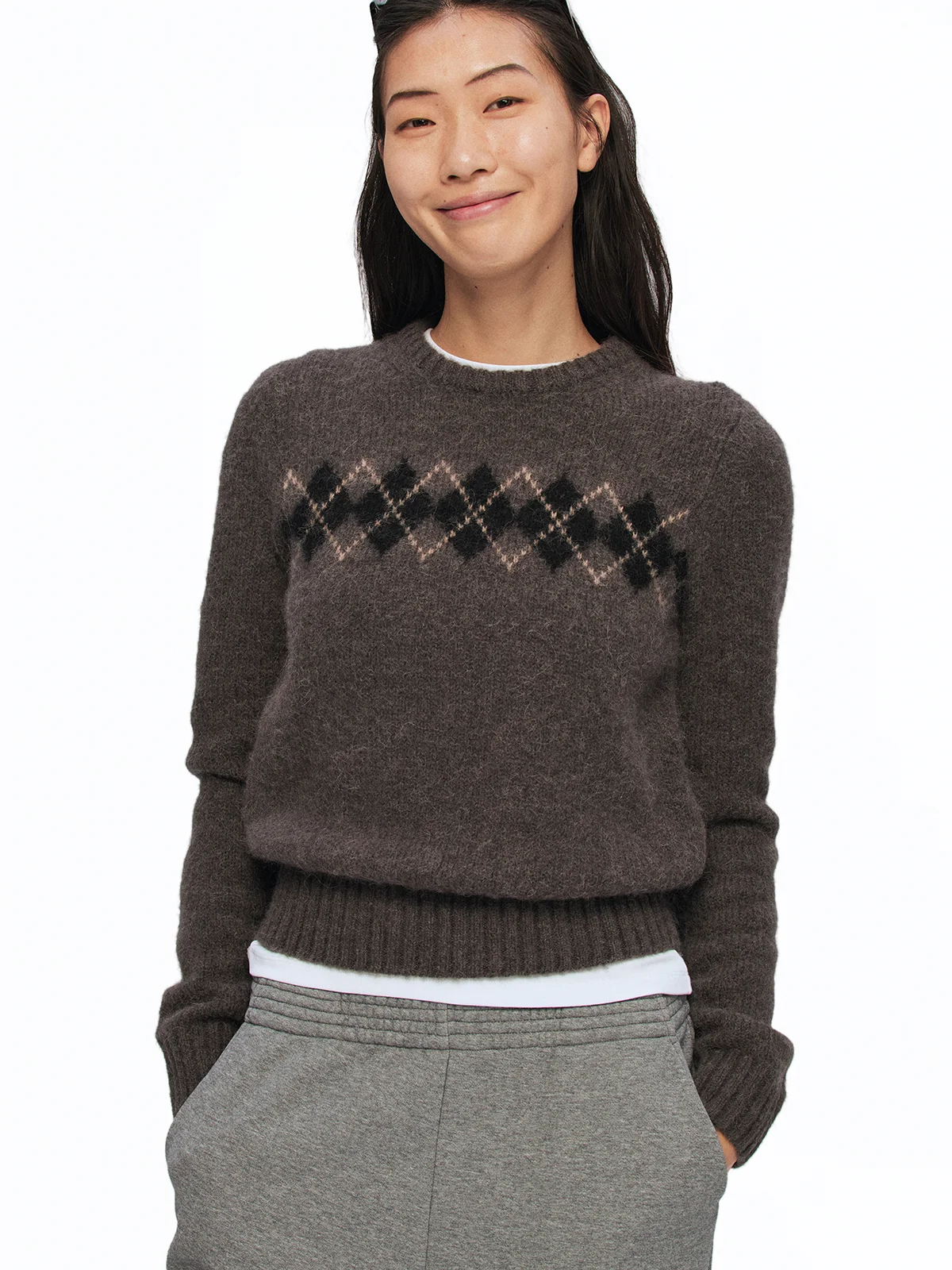 

Autumn Winter Women's Casual Knitted Sweater round Neck Shoulder Bag Flower Pattern Base Layer Long Sleeve Short Length