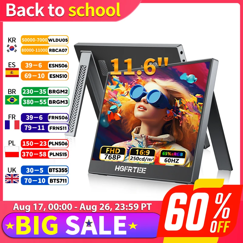 HGFRTEE 11.6" Portable Monitor 768P 250CD/m2 - Compact External Display for Laptops And Tablets PS5 Xbox Switch