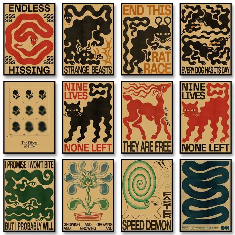 

Vintage Abstract Cat Animals Poster Mid Century Canvas Painting Print Retro Wall Art Picture for Living Room Bedroom Home Decor