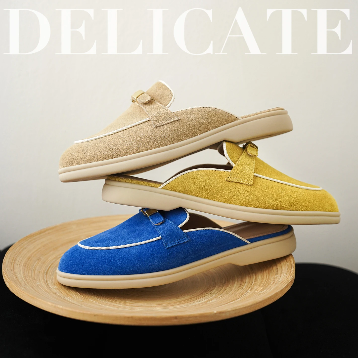 2026 new summer women sandals natural leather 22-24.5cm sheepskin+kid suede round toe buckle mixed color women fashion slippers
