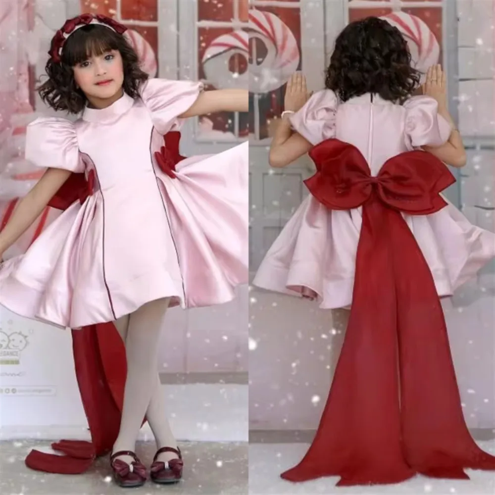 فستان زفاف فتاة الزهور من الساتان اللطيف مع فيونكة فستان حفلات أعياد الميلاد للفتيات الصغيرات فستان التواصل المقدس حسب الطلب #6