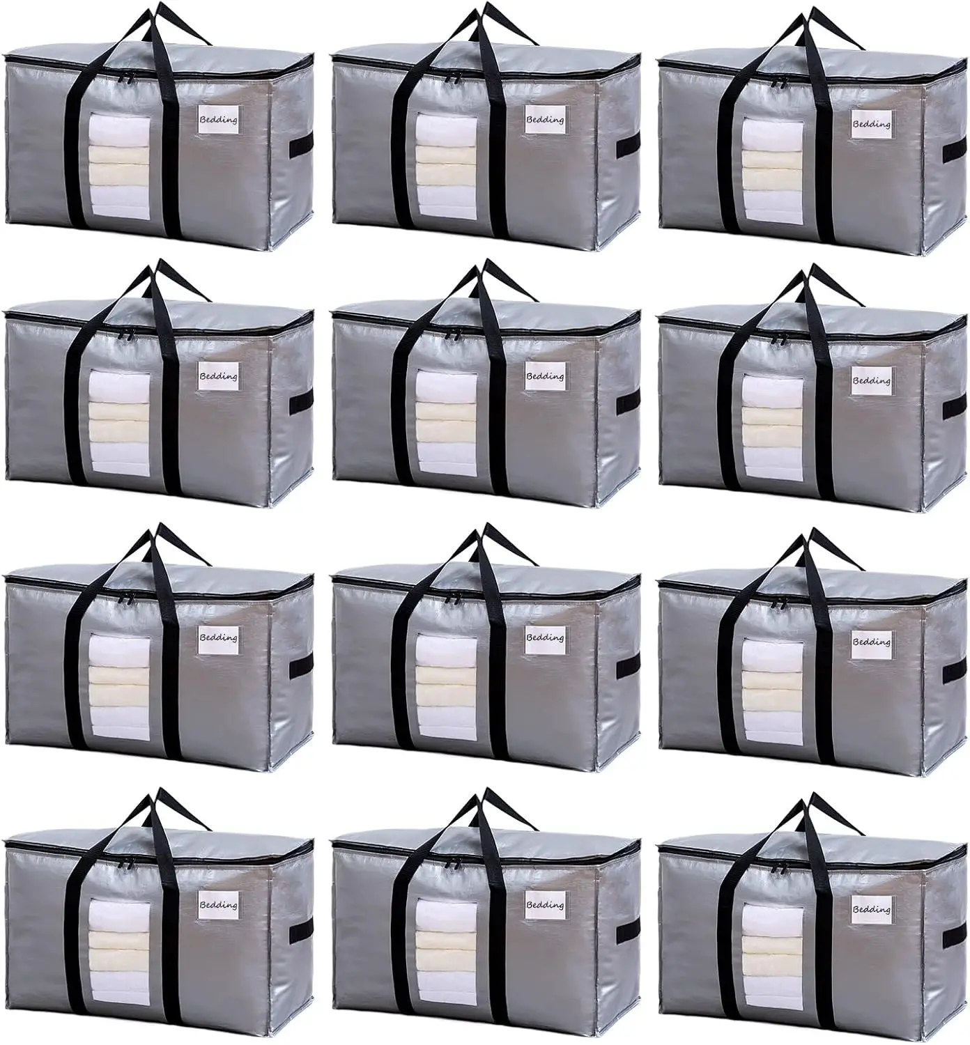 

Extra Large Moving Bags, 12 Pack Heavy Duty Storage Totes with Visible Window, Wrap Around Handles for Space Saving