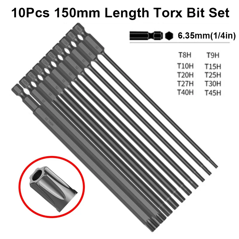 10Pcs 150mm Torx Head Screwdriver Bits Long Torx Bit Set with Hole S2 Steel Magnetic Torx Head Drill Bit Tool