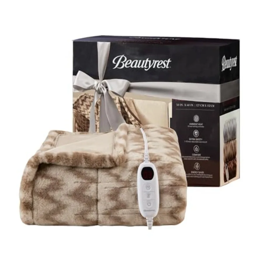 

Long Brushed Faux Fur Chevron Pattern Electric Blanket Auto Shut Off Virtually Zero EMF Multi Heat Setting UL Certified Machine