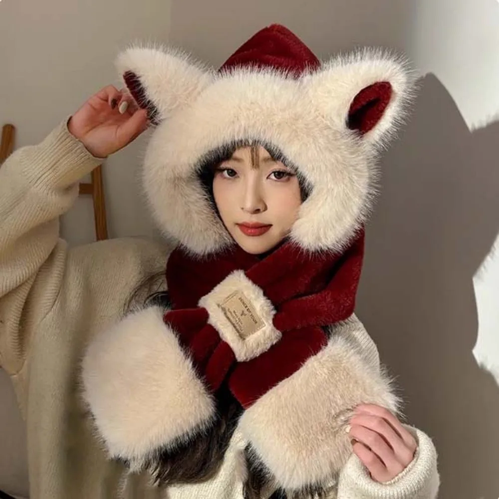 

Lei Feng Cap Cartoon Winter Plush Hat Anti-cold 2 IN 1 Animal Ear Scarf Hat Warmer Soft Ear Protection Cap Autumn