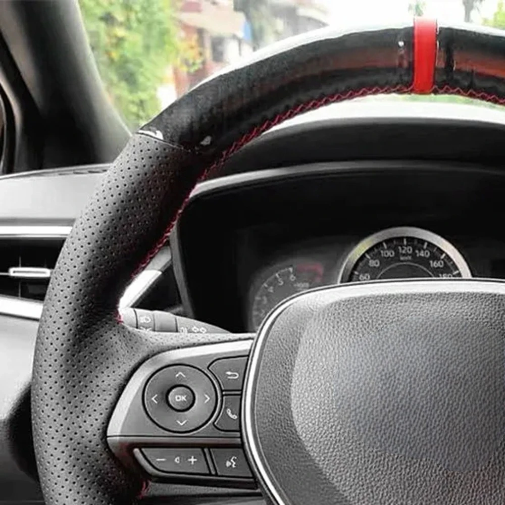 Car Steering Wheel Cover Black Genuine Leather Carbon Fiber For Toyota Camry 2018-2019 Avalon 2019 Corolla 2019-2020 RAV4 2019