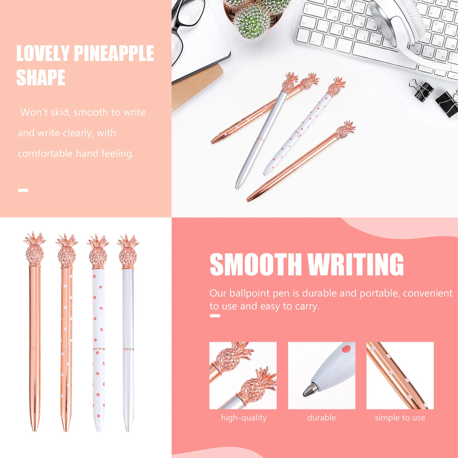 

4Pcs Metal Ballpoint Pens Pineapple Design Smooth Writing Quick-Dry Ink Portable Lightweight for Students Office School Signing