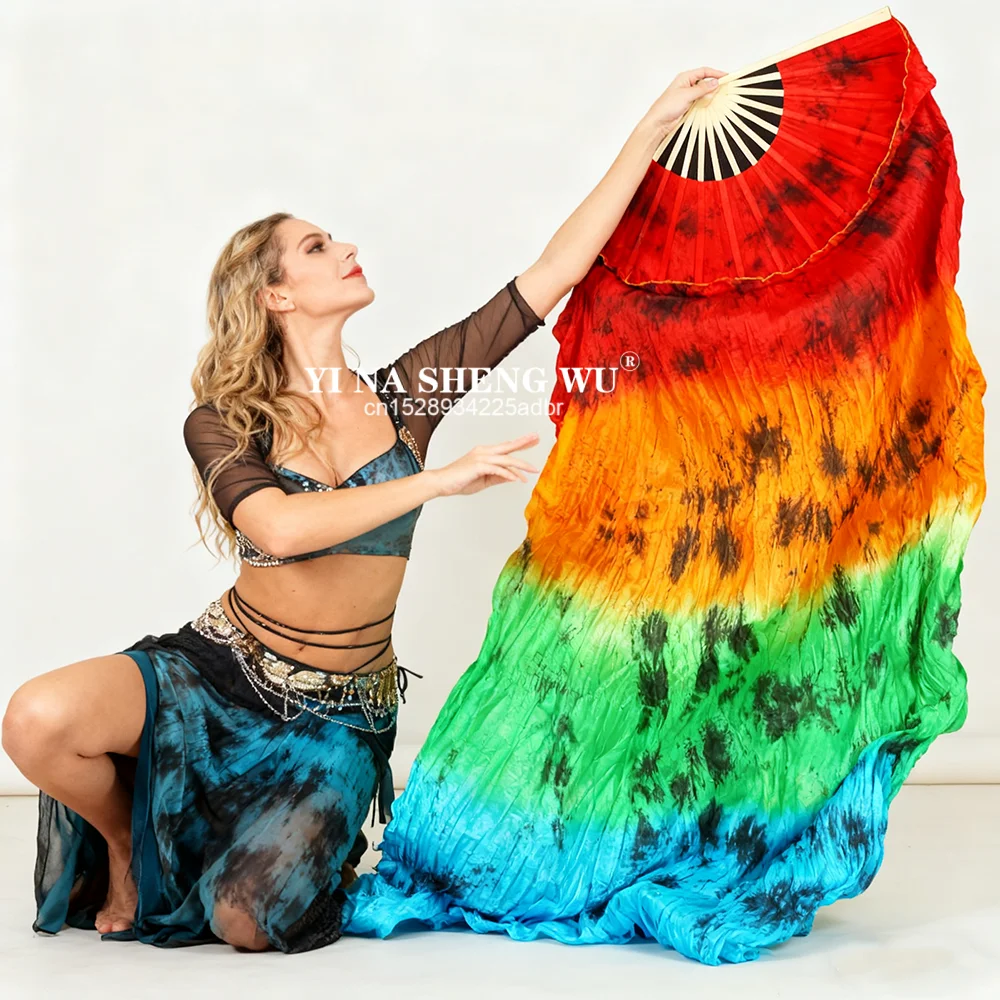 Abanico de danza del vientre personalizado de gran tamaño, abanico de danza de seda teñido hecho a mano, 36cm, costilla, 180x114cm, 100% seda Real, abanicos de alta calidad