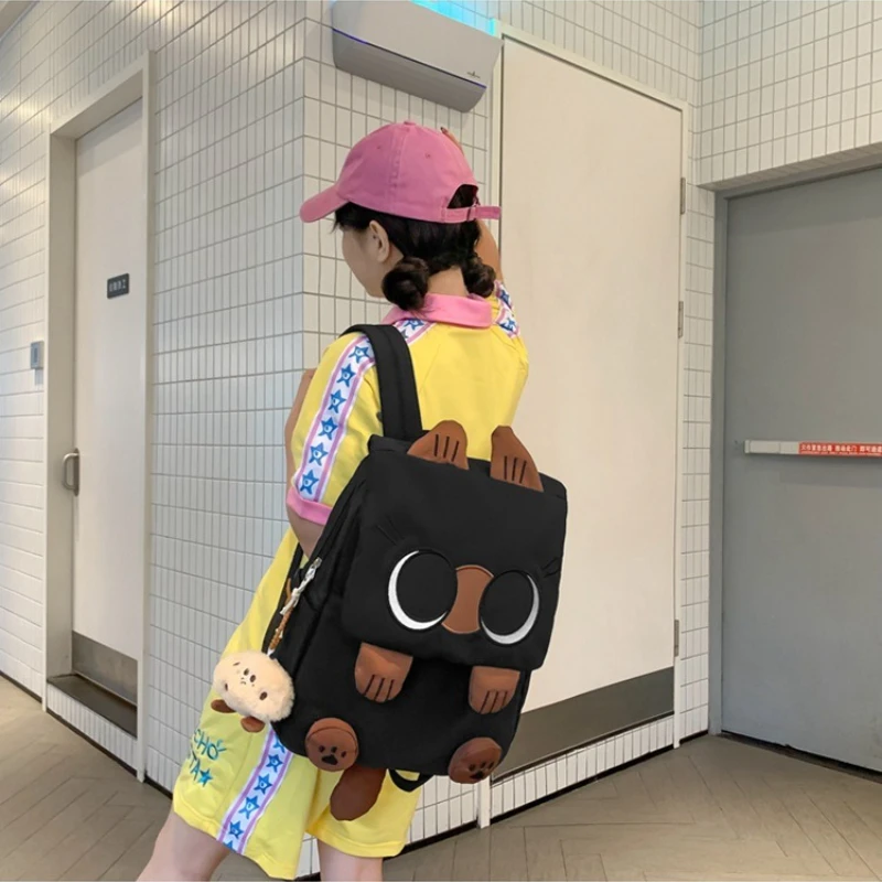 New in Korean Style Cute Cartoon Cat Nylon Backpack for Women Large Capacity Lightweight School Bag with Cute Pendant Unisex