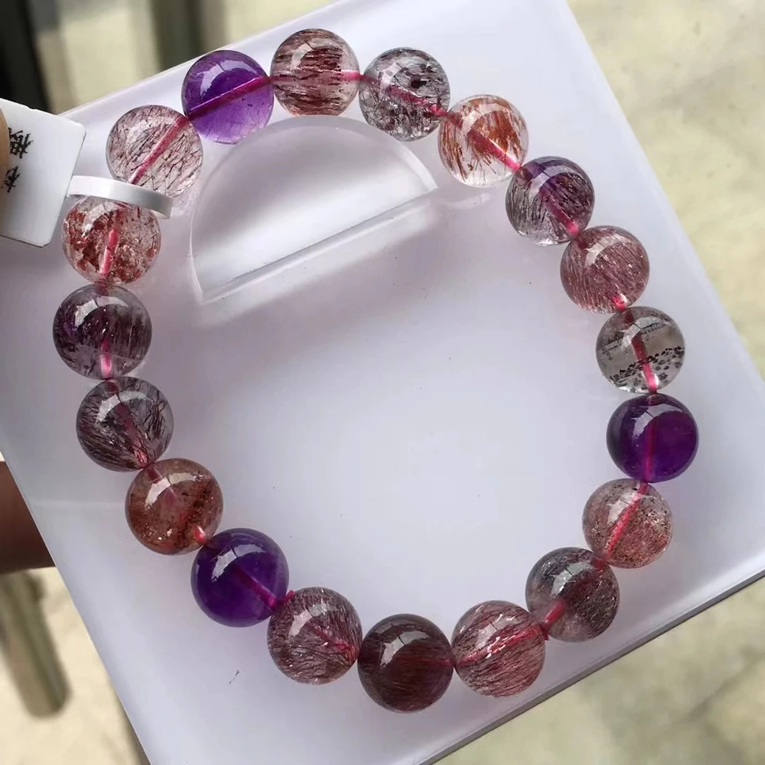 

Natural Super 7 Seven Red Lepidocrocite Quartz Bracelet Jewelry 10.4mm Woman Men Rutilated Quartz Clear Beads AAAAAAA