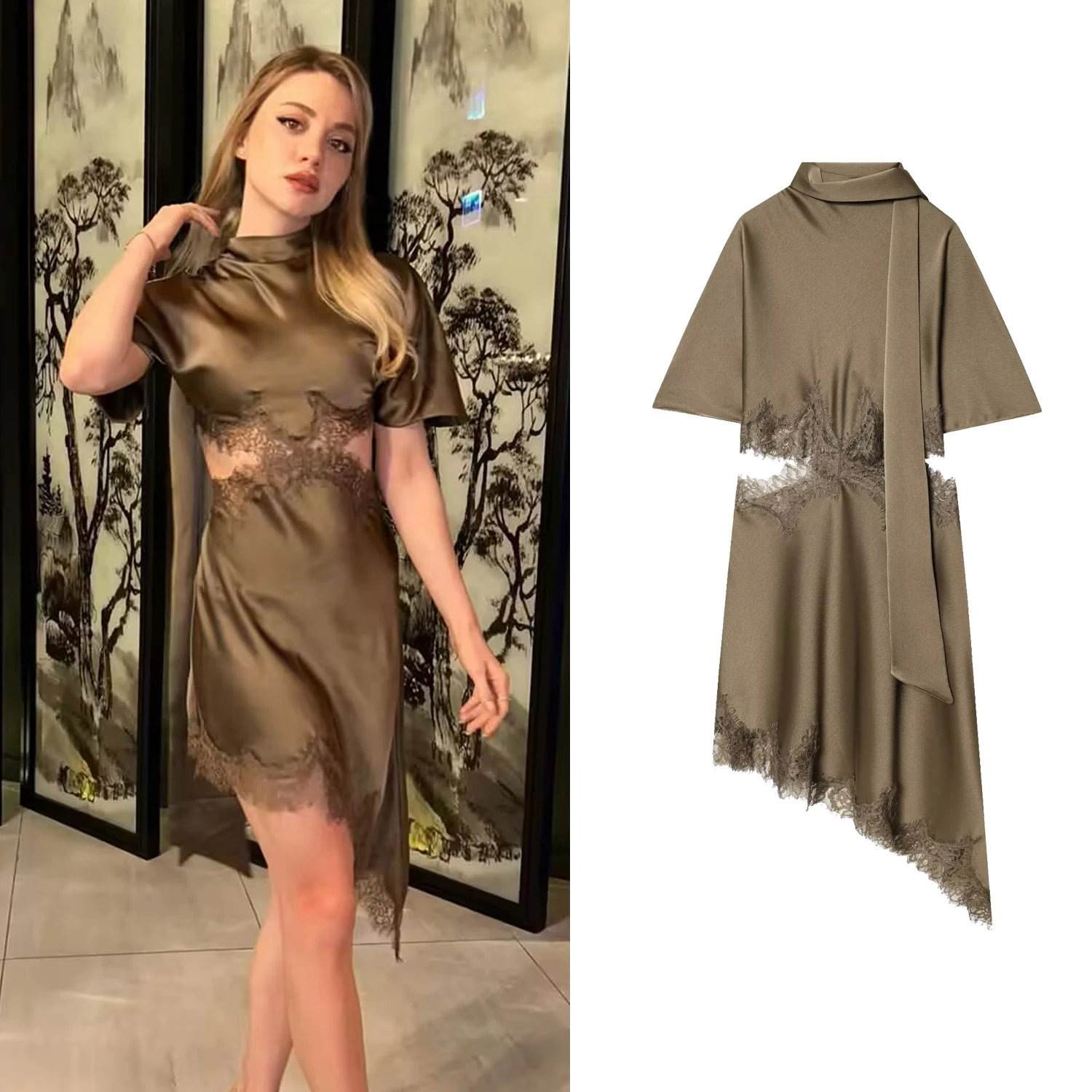 Asymmetrisches Spitzen-Patchwork-Kleid für Damen, schickes, sexy kurzes Kleid mit Spitzenkante und Hohlöffnungsdesign, Partykleid für Damen