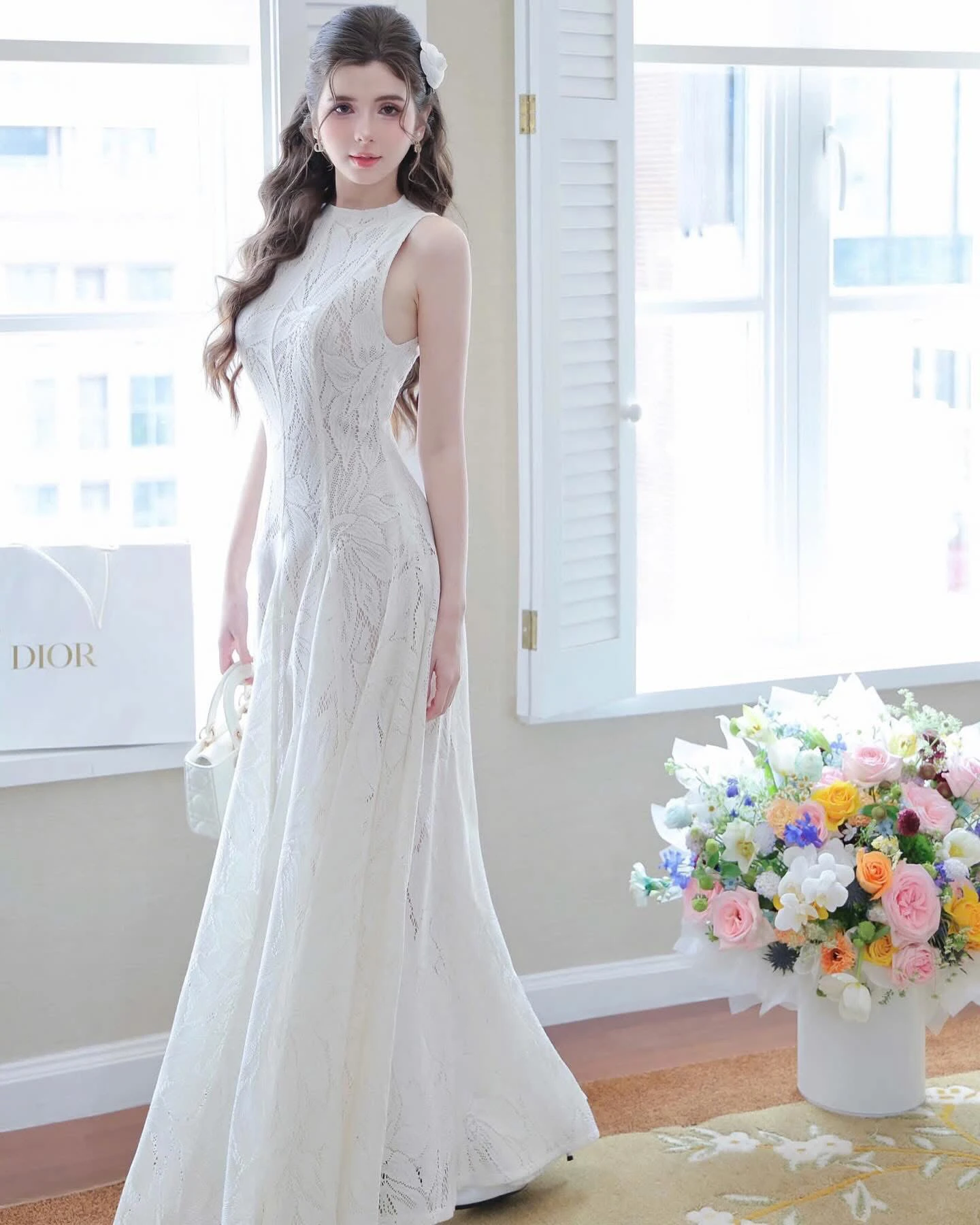 Women Long Lace Dress 2025 Cute Hollow Out Sleeveless Slim Tank White A Line Dress