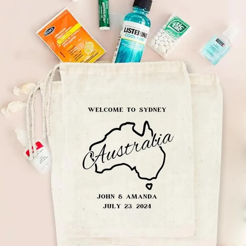 Lembrancinhas personalizadas para festa de casamento da Austrália, bolsa de festa de boas-vindas para casamento, nome de casal, kit de ressaca, lembranças para presente de retorno de convidados