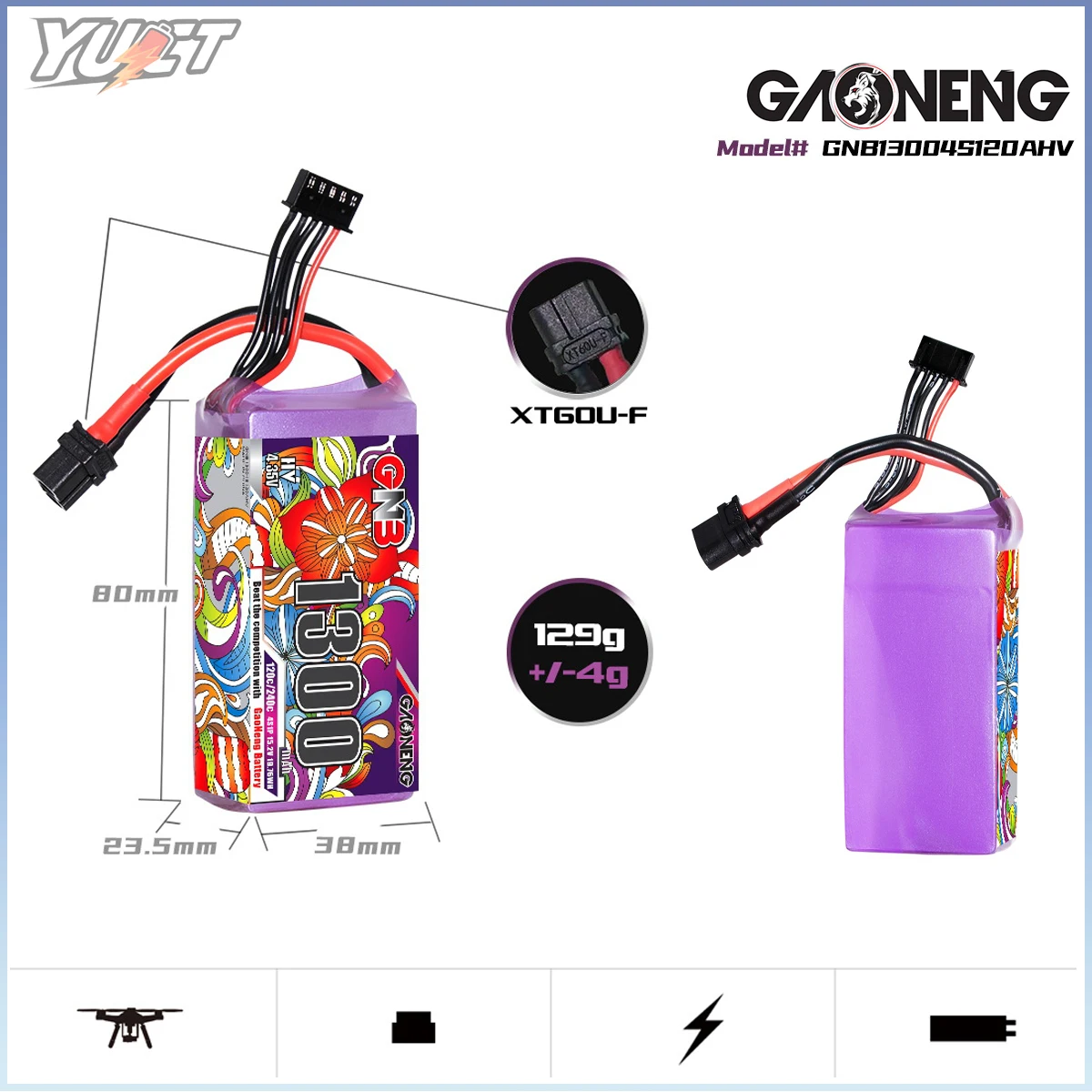 YUCT GNB 4S XT60 LiHV 15.2V 1300mAh 120C/Max240C LiPo แบตเตอรี่สําหรับ RC FPV Drone Quadcopter เครื่องบินเฮลิคอปเตอร์ Racing Part Hobby