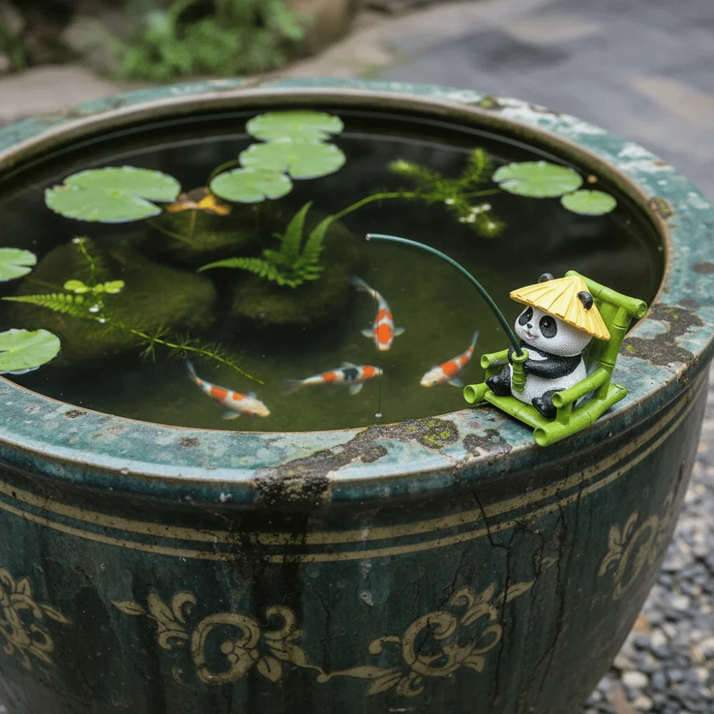 

Unique Design Resin Material Fishing Panda Ornament Panda Theme Cute Bamboo Chair Panda Aquarium Decoration Pond Ornament