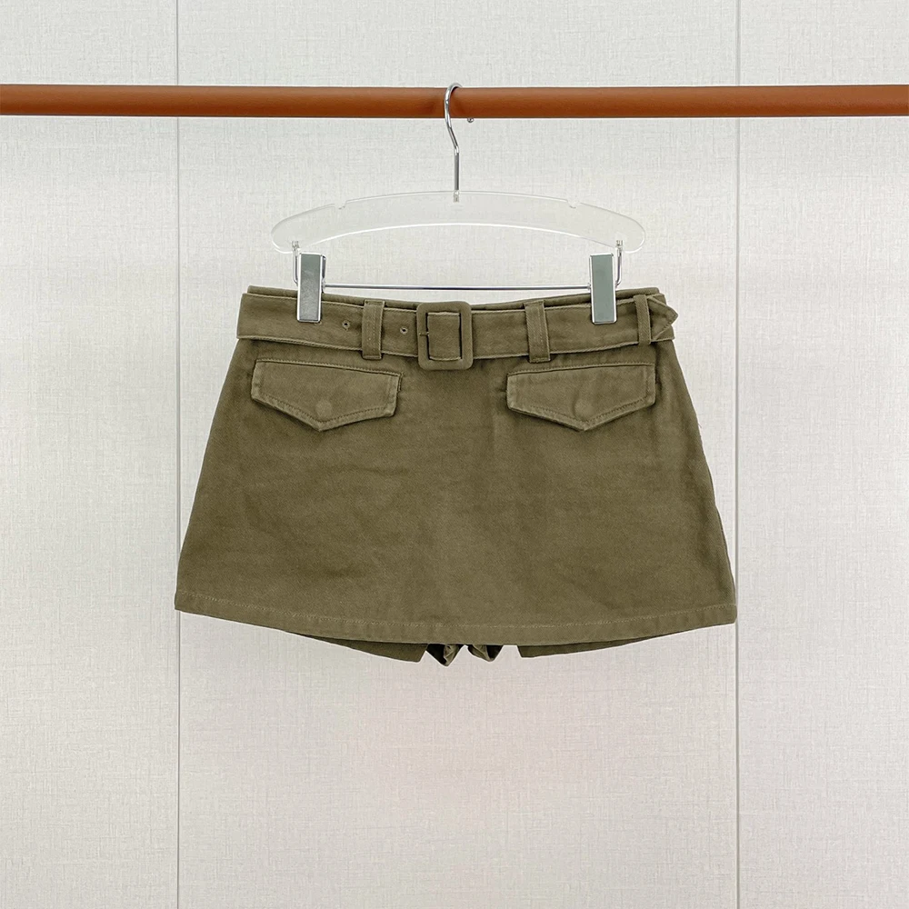 Women 100% Cotton Skort Mini Cargo Skirt Shorts With Matching Belt Front Pockets Y2K Low Waist Casual Streetwear Short Skort
