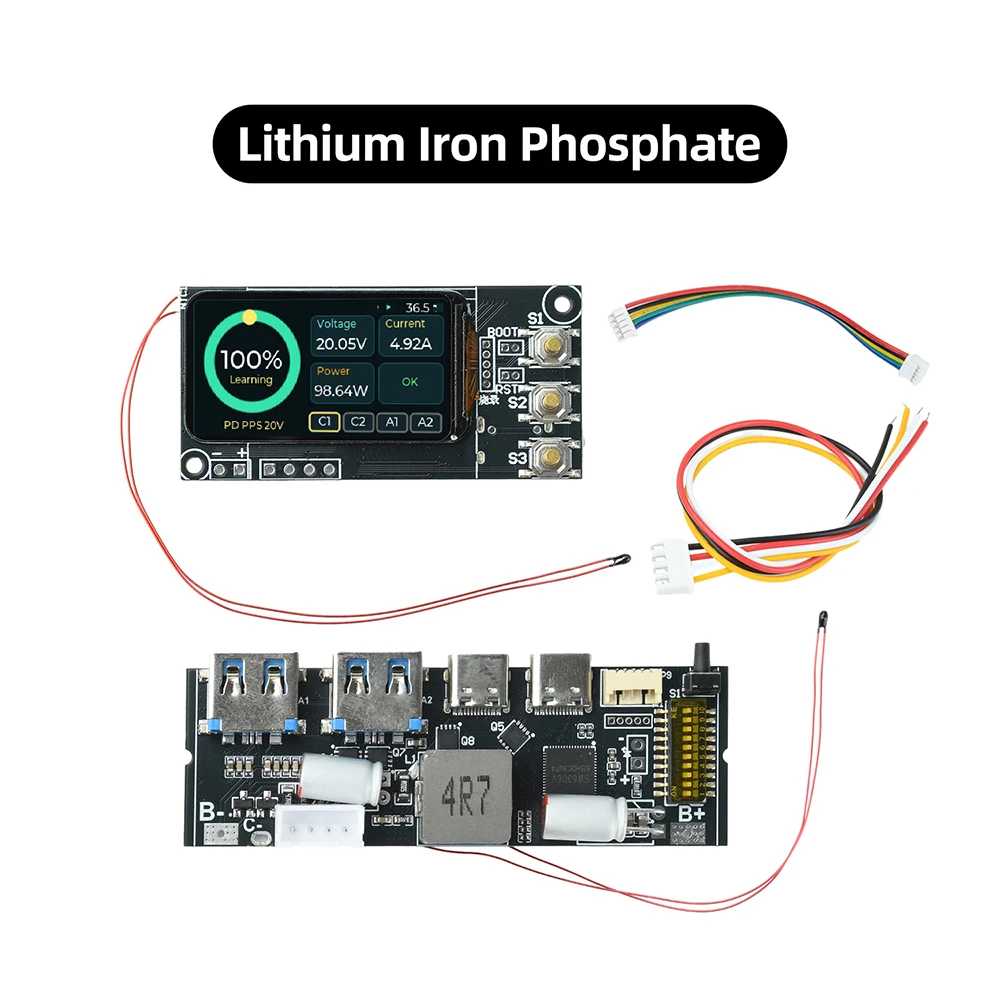 PD 100W Power Bank 2 way Super Fast Charging 1.47inch TFT Screen VC Flash DIY MPPT Charging Mobile Power Board 3S/4S/5S battery