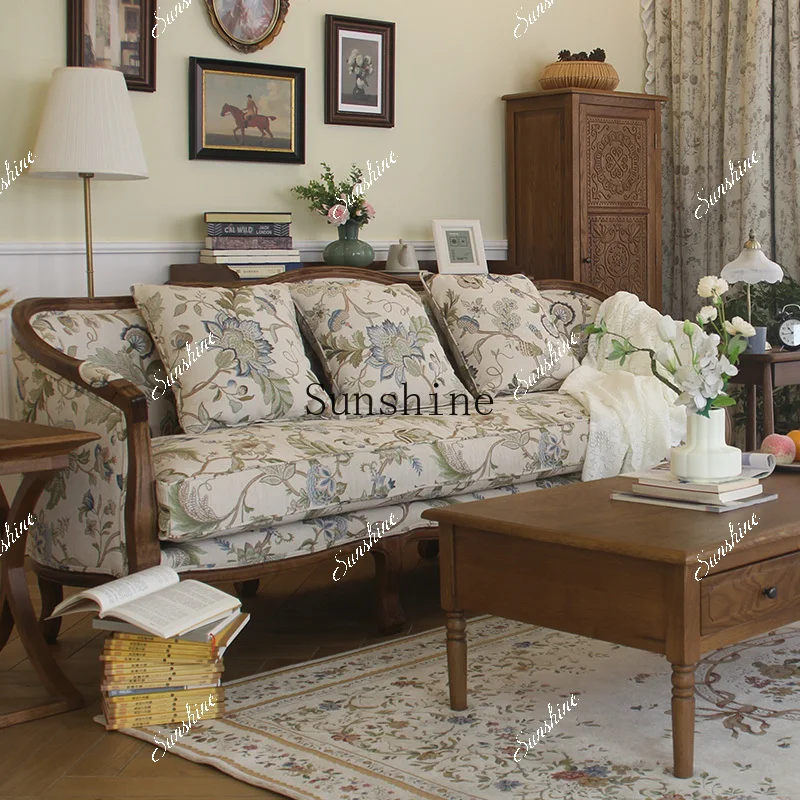 

American country solid wood sofa retro pastoral floral jacquard fabric living room combination furniture FT