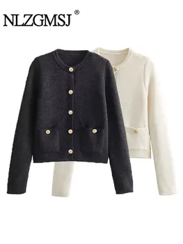 TRAF 2024 Herfst Gebreide Slim Fit vrouwen Vest Lange Mouw Pocket Single Breasted Vrouwelijke Trui Mode Dame Top