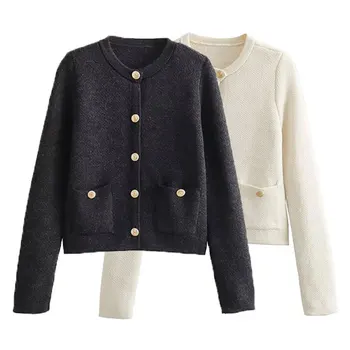 TRAF 여성용 니트 슬림 피팅 가디건, 긴팔 포켓 싱글 브레스트 스웨터, 여성 패션 상의, 2024 가을