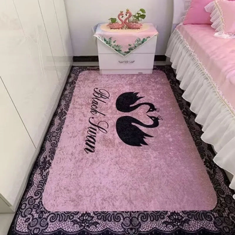 Diamondmax Velvet 3D Bedroom Carpet Living Room Bedside Carpet Swan Erasable Bedside Floor Mat Washable Carpet