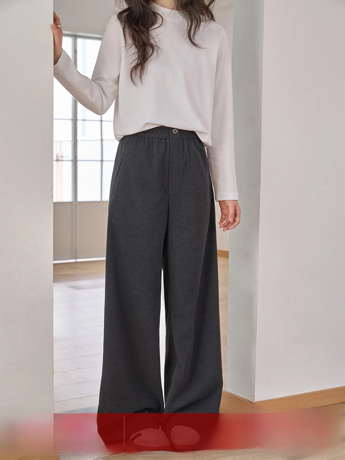 

MoZao Lazy Sle Loose Wide Leg Casual Pants High Waist Straight Cut Floor-Length Women's Deep ey Winter New Arrival