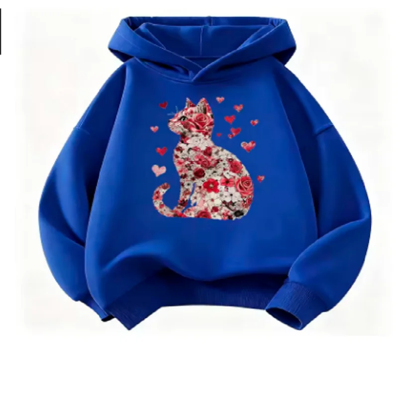 lover cat with flower deisgn Hooded Kids 2026 New Children's Sweatshirt Cute Hoody for Boys Girls Autumn Winter Casual Hoodies