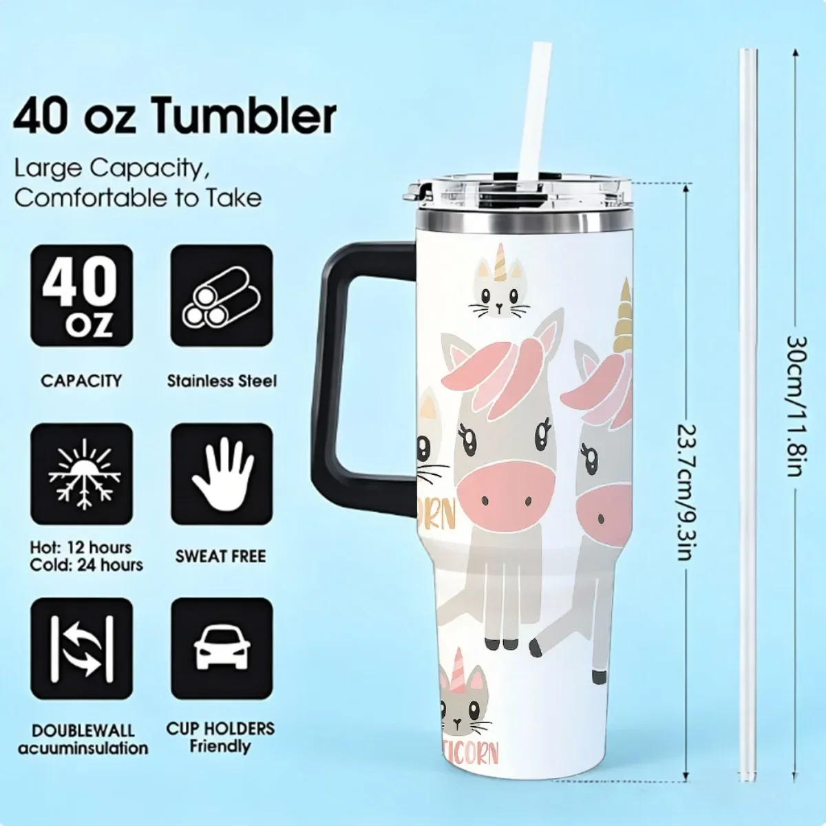 1pc 40oz Large Insulated Travel Mug Cup with Leakproof Lid - Double-Wall Vacuum Insulated Insulated Bottle for Hot & Cold Drinks Cute & Catico Design in Pink & Black Golden Accent - Reusable Coffee Cup Women's Minimalist Contemporary Street