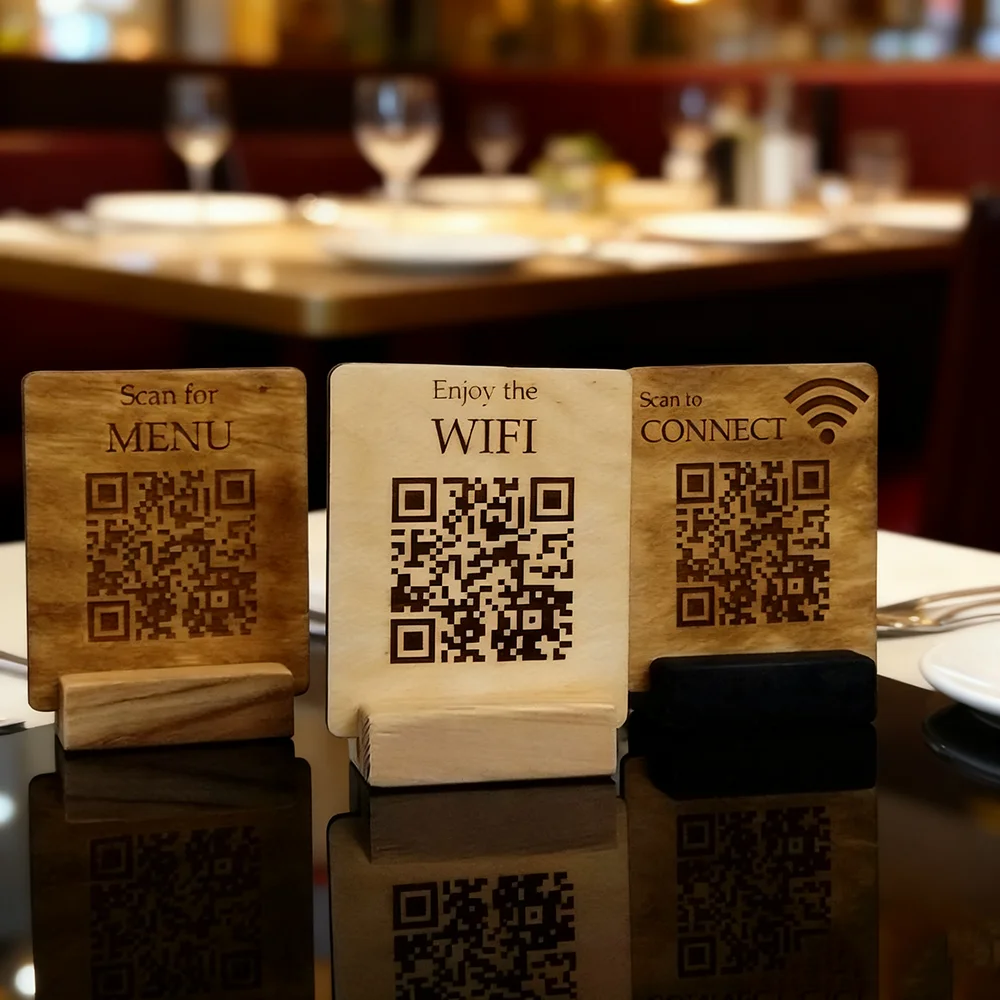 علامات قائمة رمز الاستجابة السريعة المخصصة علامات WiFi لافتات عامة خشبية شعارات متجر شخصية عداد رمز الاستجابة السريعة علامات خشبية قائمة #1