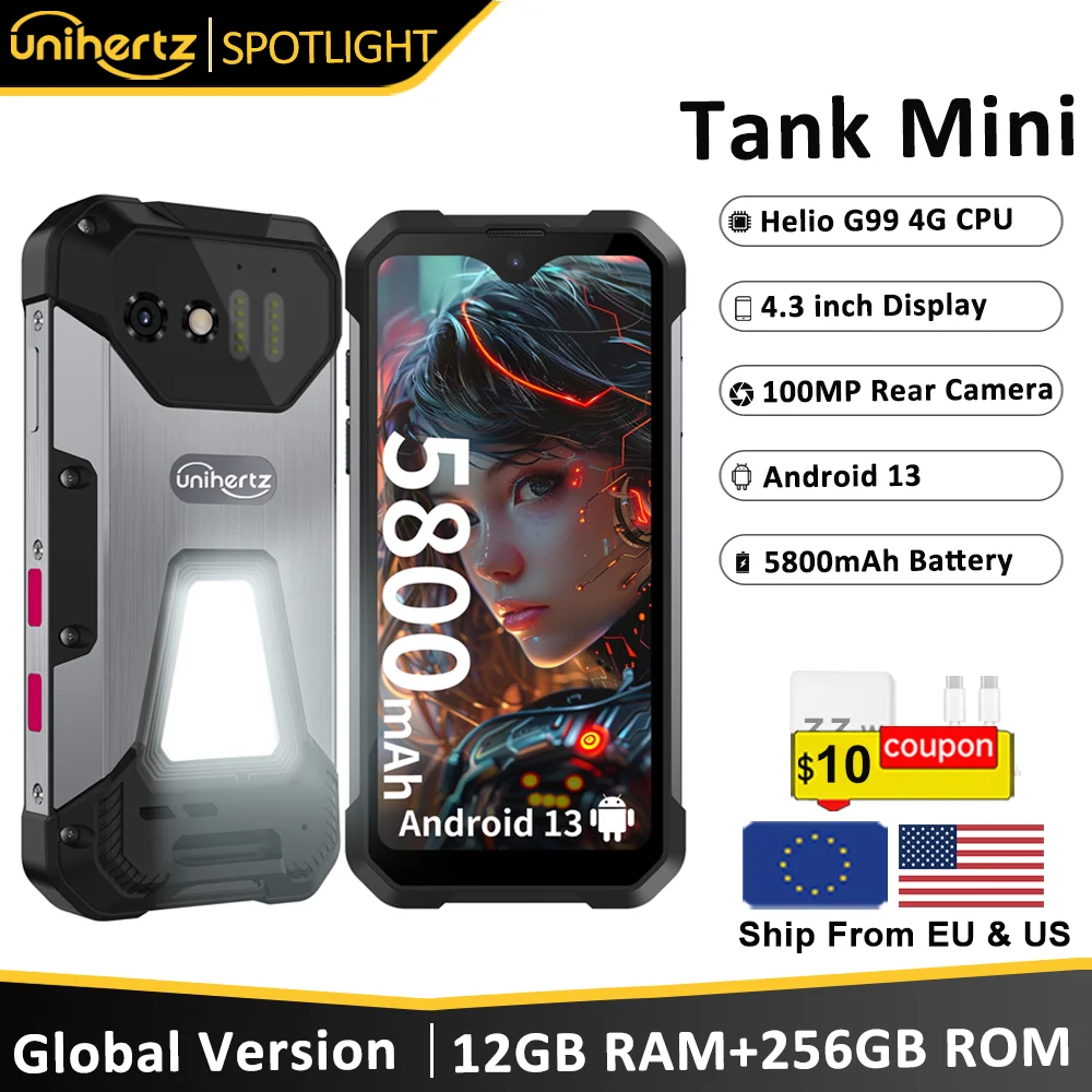Unihertz 8849 Tank Mini Rugged Smartphone 4.3 Inch Display Android 13 5800mAh 24GB 256GB Helio G99 Octa Core 100MP Cameras IP68