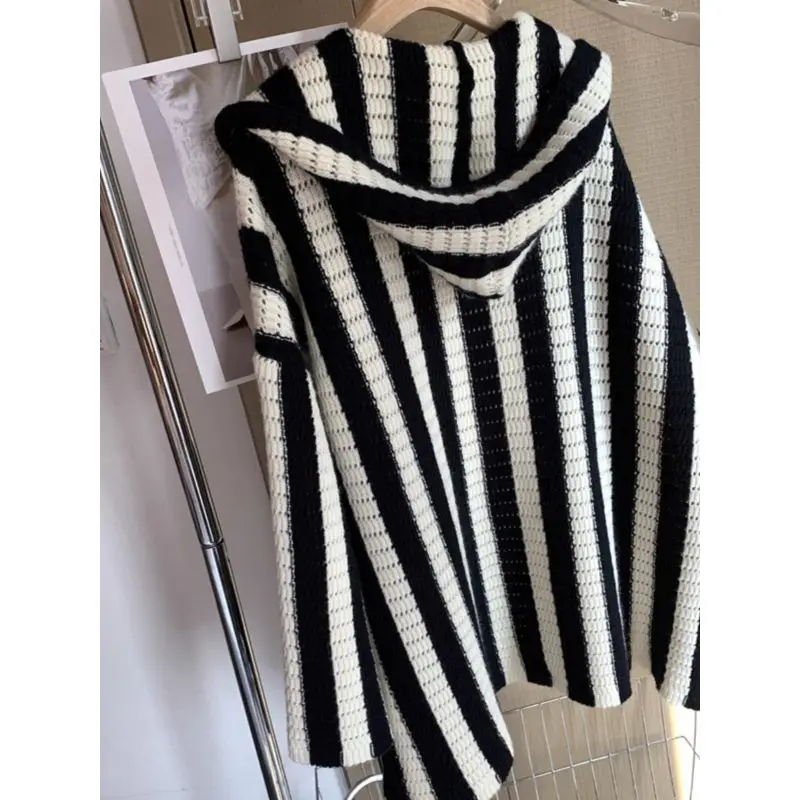 Women's Clothing Korean Striped Hooded Knitted Coats 2023 Autumn Winter Casual Fashionable Female Long Sleeve Sweaters Cardigan