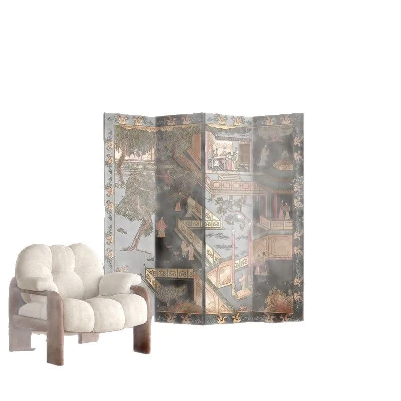 Foldable mobile partition wall board wabi-sabi antique solid wood lacquer painting office hotel entrance