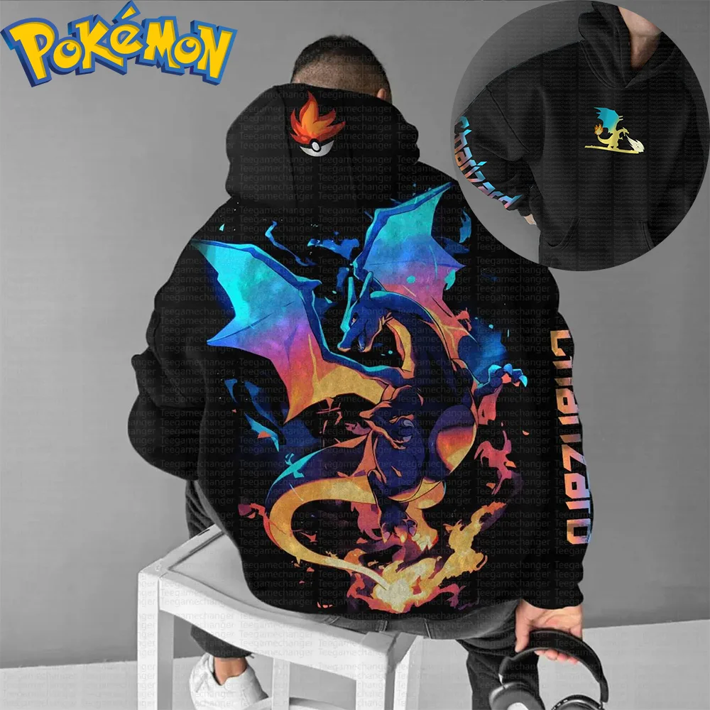 

Хлопковая толстовка с капюшоном в стиле Харадзюку в стиле аниме «Покемон», комплект брюк в стиле Харадзюку, черный, фиолетовый, синий, с пламенным крылом, наряд из двух предметов, повседневная уличная одежда