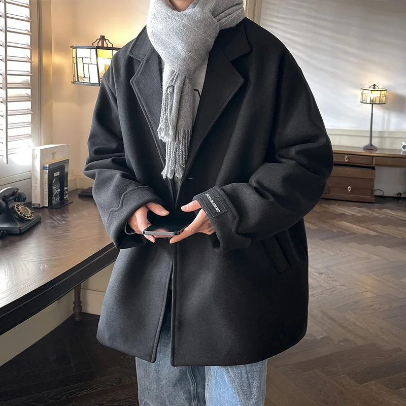 

Мужское шерстяное пальто свободного кроя с отложным воротником, осенне-зимнее, модное, в корейском стиле, теплое, защита от холода, не требует глажки