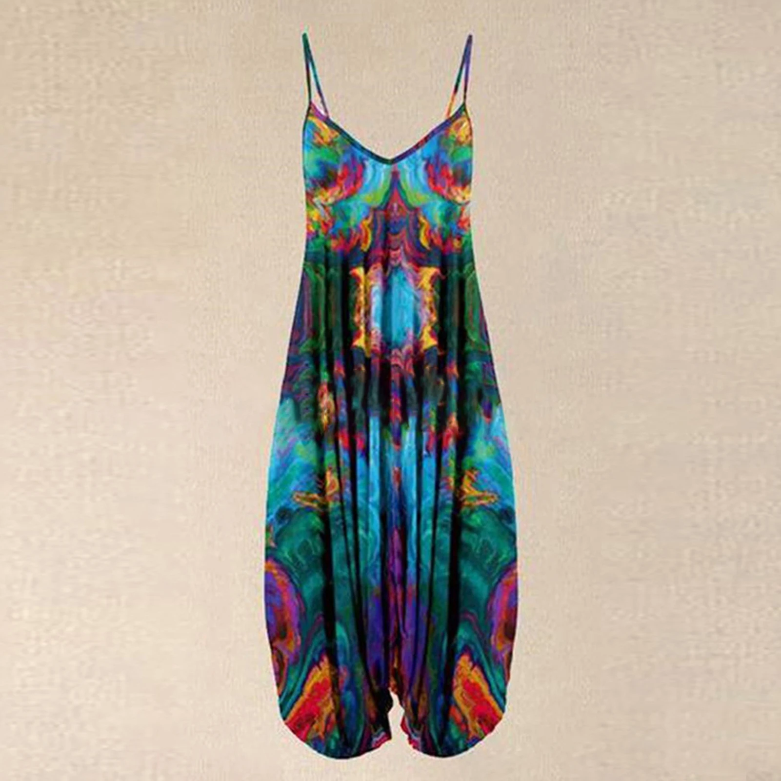 Jumpsuit Selempang Wanita Terusan Kaki Lebar Jumpsuit Romper Harem Longgar Geometris Boho Motif Bunga Tanpa Lengan Garmen Wanita Musim Panas