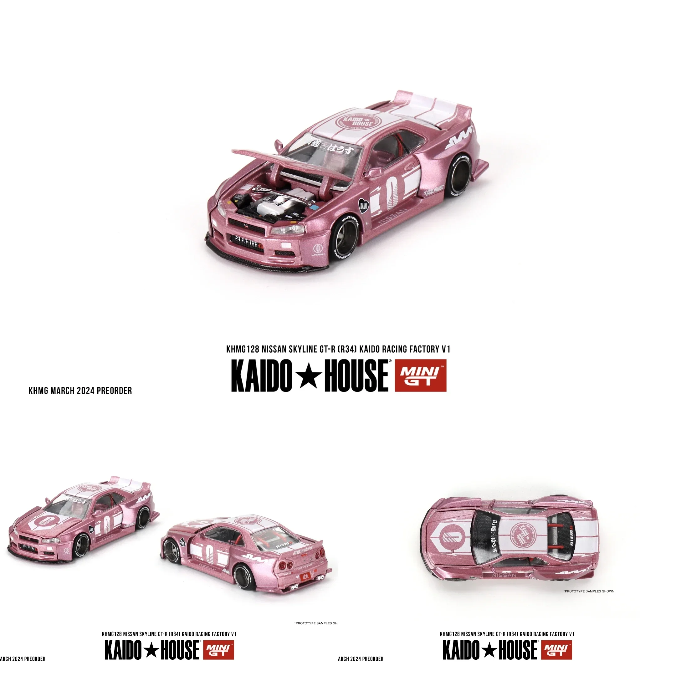 Instock Kaidohouse X Minigt 1:64 GTR R34 Pink No 0 Alloy Car