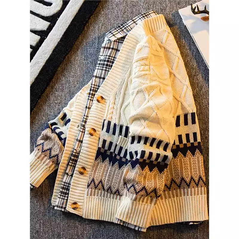 

Retro Fce Lined Knitted Sweater Men's Cardigan Thiened Autumn New Sle Trendy Brand Couple Outerwear Soft Polyester