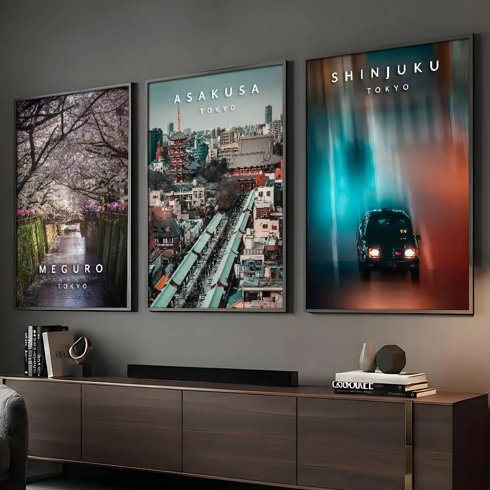 Póster de arquitectura de noche de calle con paisaje japonés de Tokio, arte HD, pared adhesiva, impermeable, decoración para el hogar, sala de estar y Bar