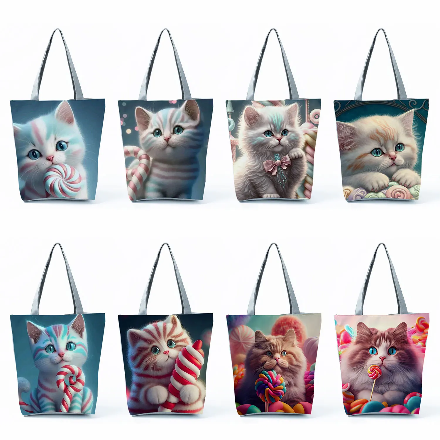 Fashion Cartoon Sweet Cat Printed Handbags High Capacity Women Beach Tote Bags Cute Animal Graphic Eco Reusable Shopping Bags