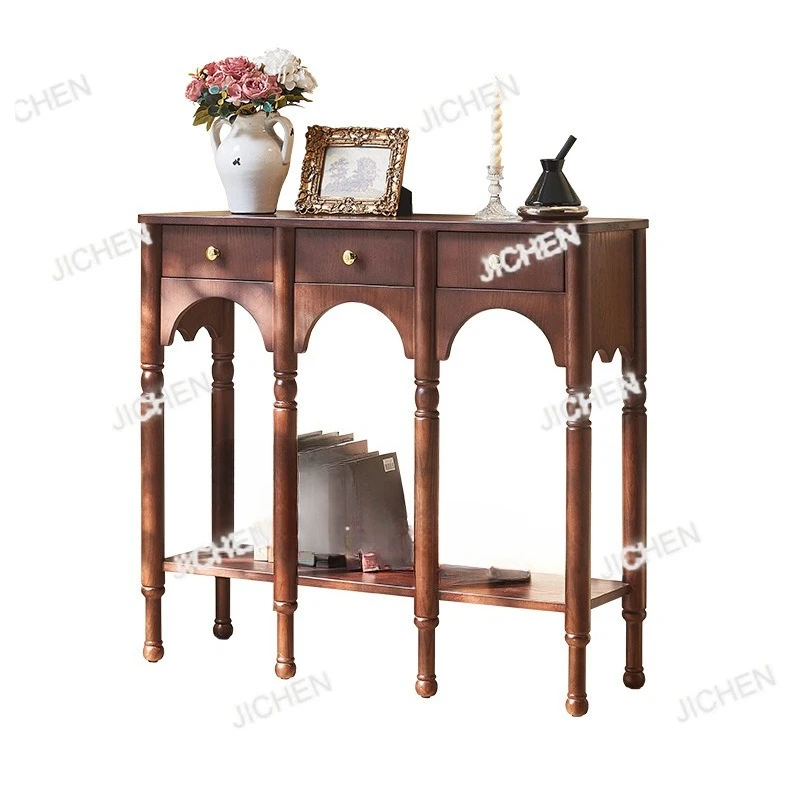 

Французская входная стойка из цельного дерева с выдвижными ящиками, антикварная арочная дизайнерская стойка в входной шкафу для дома.