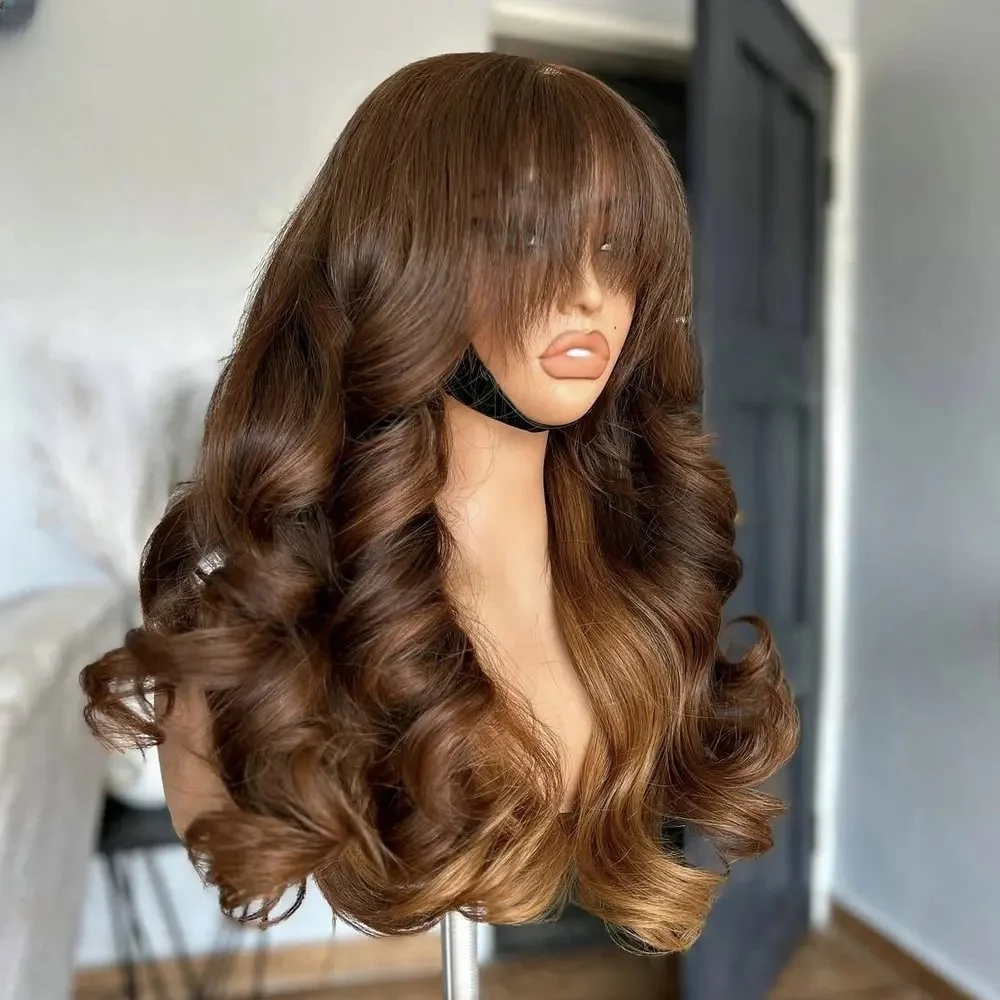 تسليط الضوء على براون طويل 26 بوصة لينة الجسم موجة 5x5 قاعدة الحرير باروكة من شعر طبيعي يهودي مع شعر الطفل HD الدانتيل الشعر الأوروبي قبل قطعها #3